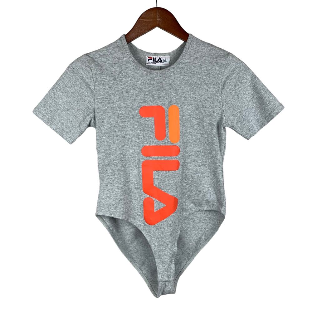 Fila Retro Logo T-shirt Bodysuit Top Grey Orange Short Sleeve Women’s S